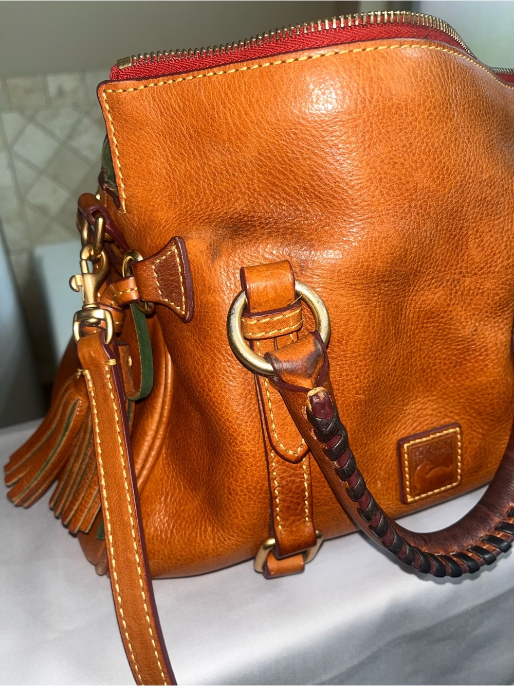 Dooney & Bourke Florentine Cognac Satchel with Tassel - Picture 7 of 16